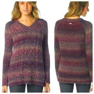 PrAna Leisel Cable Knit V-Neck Sweater Maroon Purple Ombre Women XL